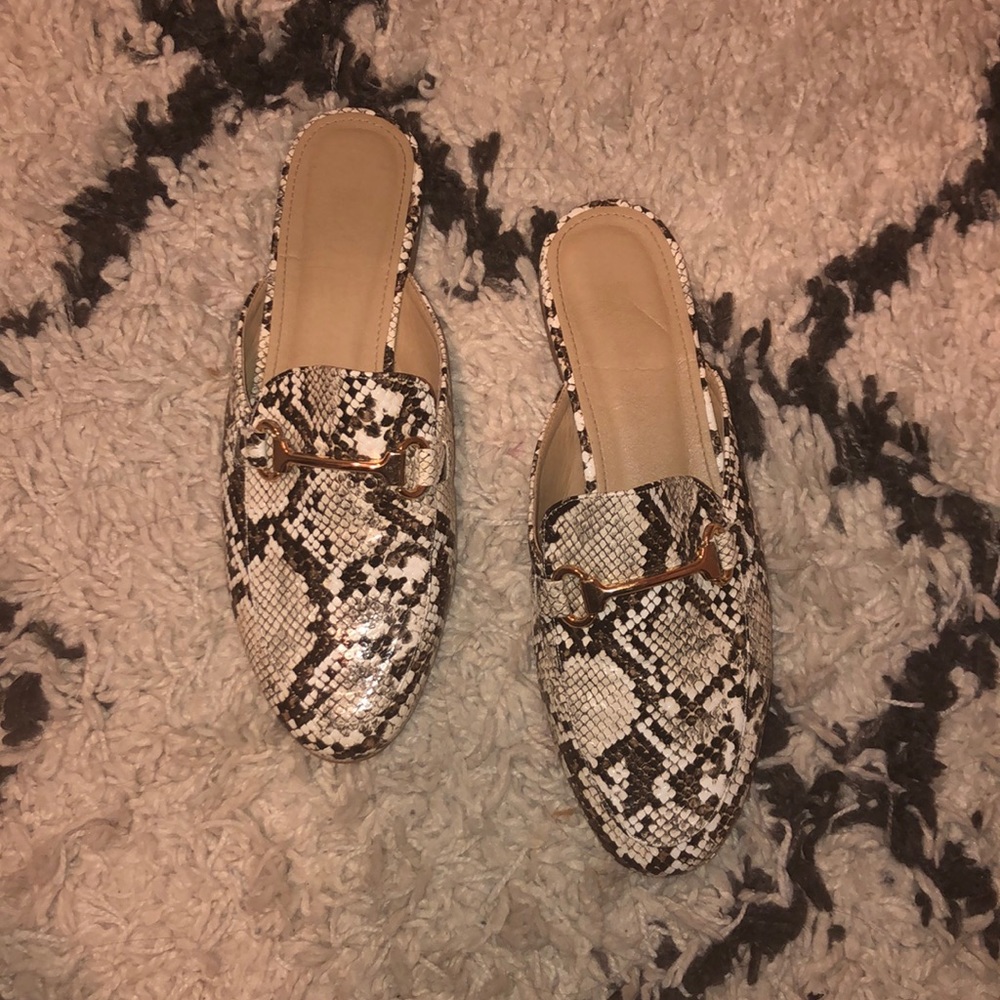 gray snake print flat mules
